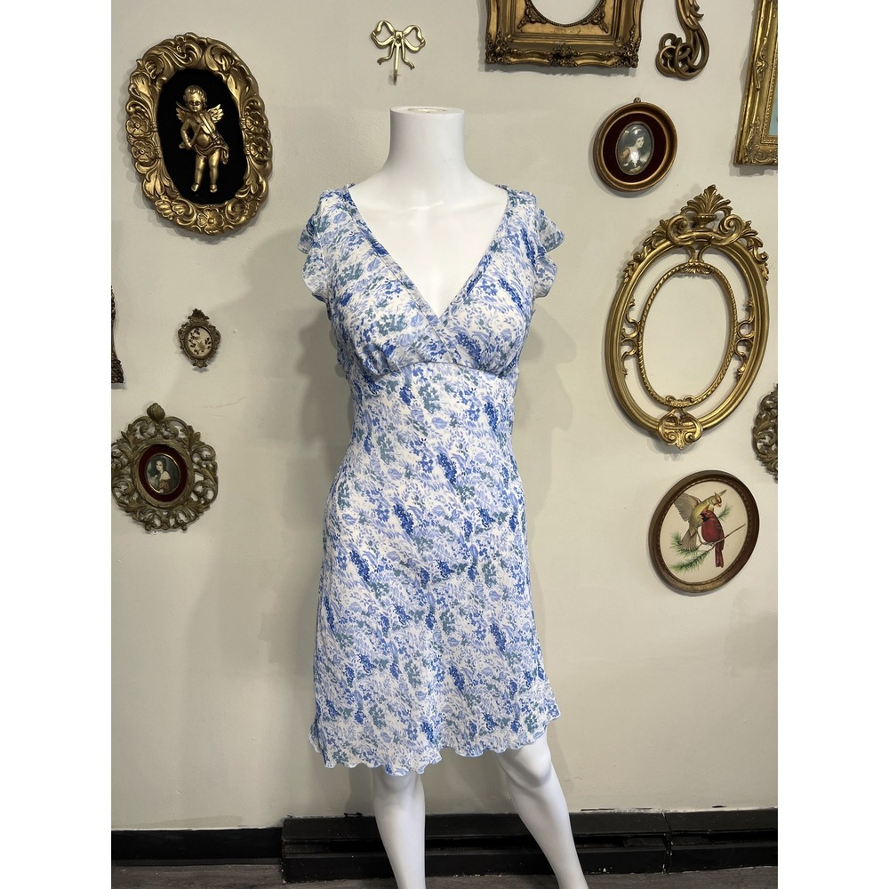 Vintage Y2K Blue White Floral Print Ruffle V-Neck Midi Dress Size Small